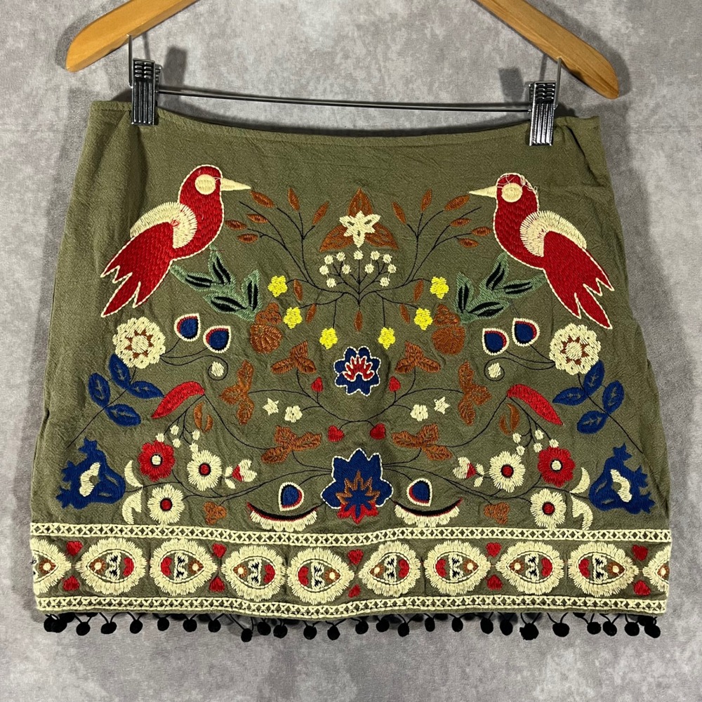 The Impeccable Pig Mini Skirt Women Large Olive Green Embroidered Bird Pom Trim